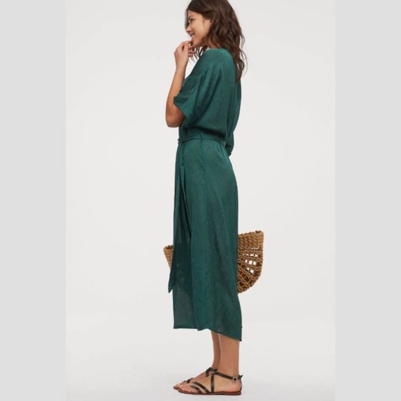 NWT H&M Green Kaftan Dark Green Maxi Palm Leaves‎ print Belted V-neck Long Dress - Picture 3 of 5